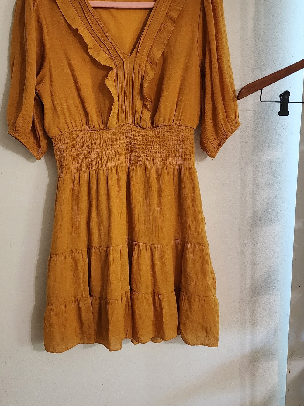 Mustard Ruffle V-Neck Smocked Waist Dress